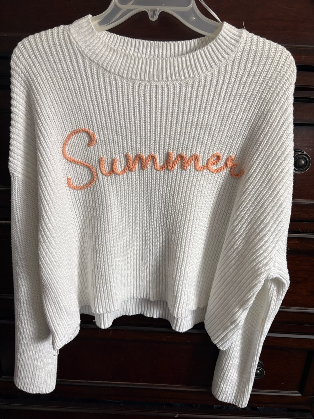 Moon & Madison White Crewneck Sweater with Peach 'Summer' Script